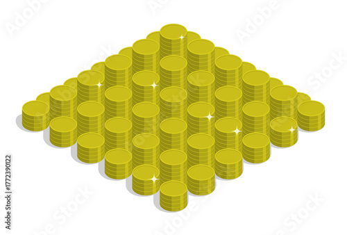 Isometric financial pyramid scheme built from gold coins, promising easy money. Isolated cartoon vector on white background top view
