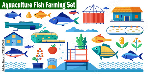Aquaculture Fish Farming Set Vector Illustration. Vector pictogram of a Pond, Harvest, Sea Animal, Tank, Lake, Farm, Livestock, Nature, Industry, Fishing, Agriculture, Seafood.