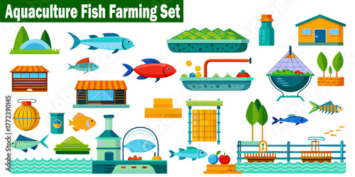 Aquaculture Fish Farming Set. Vector design of Pond Ecosystem, Fish Tank, Aquatic Life, Fishery Equipment, Harvest, and Building in Flat Design for Agriculture and Seafood Concept on Isolated.