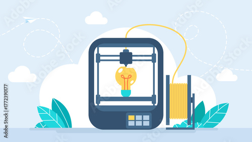 A 3D printer printed a light bulb as a symbol of an idea. 3D printing technology concept. 3D printing technology, prototyping industry, equipment for advertising agency. Vector illustration