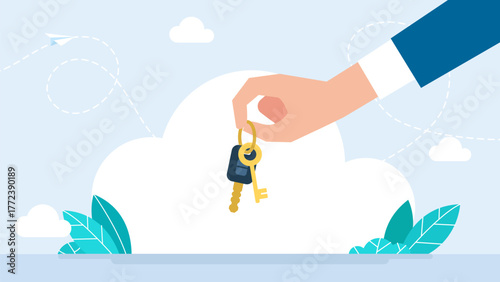 Human hand holding car and house keys. Hand holding bunch of keys. House apartment rental or sale concept. The concept of privacy, security and protection. Vector illustration