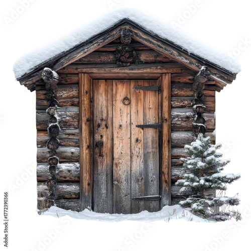 Snowy wooden cabin door on transparent background