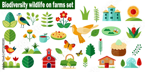 Biodiversity Wildlife on Farms Set Vector Illustration with Plants, Animals, Buildings. Sunflower, Butterfly, Flowers, Leaves, Barn Bird House Pond, Cup Cake.
