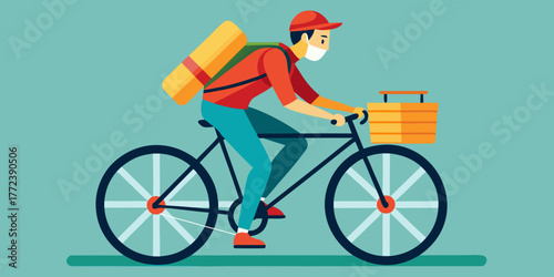 Bicycle courier wearing mask while riding with delivery bags