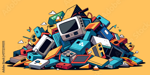 Pile of broken electronics and vintage devices on colorful background  