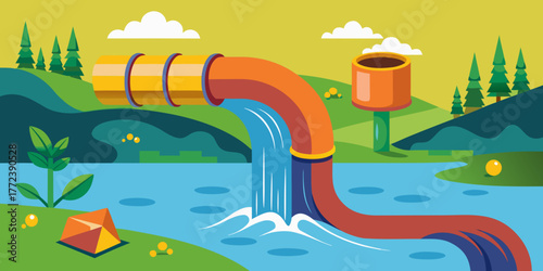 Leaking pipe pouring water into a river in a green landscape  