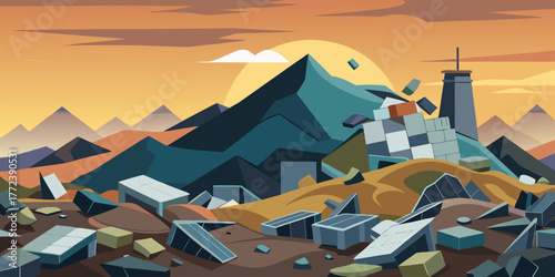 Illustration of broken tiles and debris in a landfill at sunset  