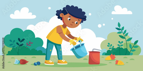 Child picking up litter with gloves in a park on a sunny day  