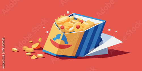 Crushed cereal box with colorful cereal spilling on red background  