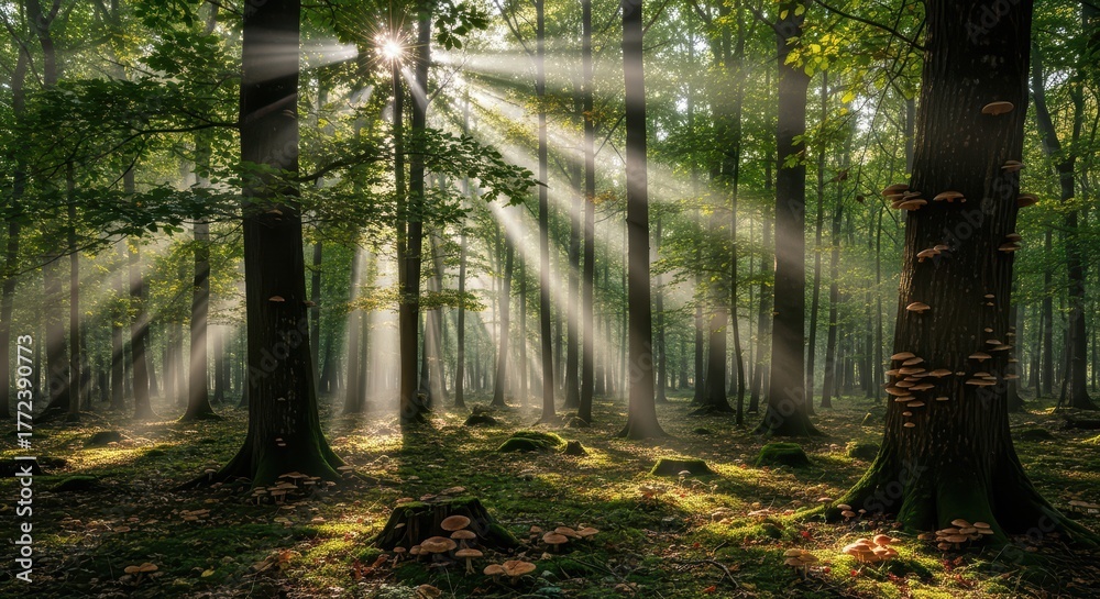 Naklejka premium Sunlight streaming through lush green forest with fungi on trees