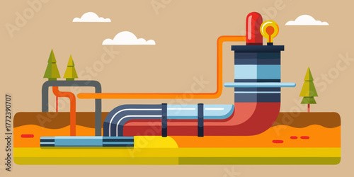 Geothermal heating system with pipes and machinery in a natural setting  
