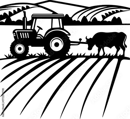 SVG vector illustration of a tractor silhouette working in a rice field.Tractor with Bales on Farm Field Landscape Design
