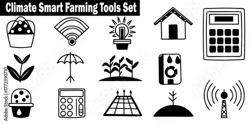 Climate Smart Farming Tools Set Vector Illustration with Agriculture Technology Icon. Design for Innovation Sustainable Development Future Solutions.