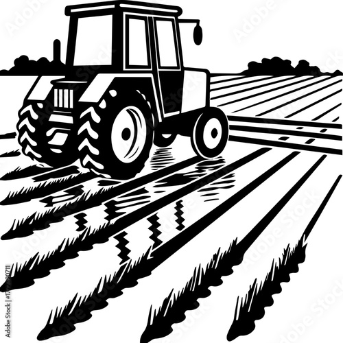 SVG vector illustration of a tractor silhouette working in a rice field.Tractor Plowing Field Under Cloudy Sky Landscape