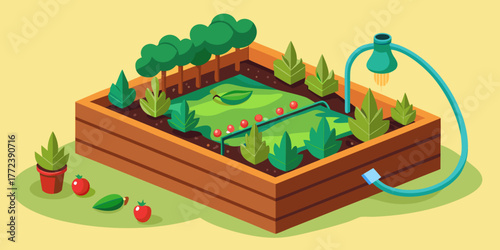 Illustrated garden bed with drip hose and various plants and vegetables  