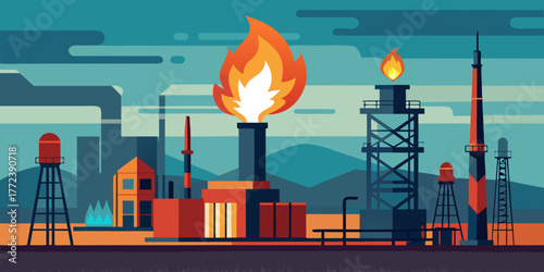 Oil refinery with gas flare and industrial buildings in flat design  
