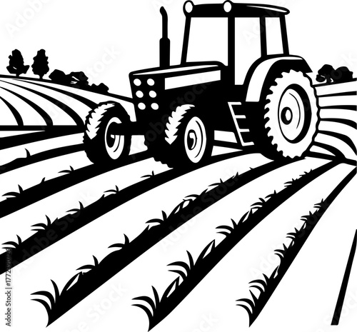 SVG vector illustration of a tractor silhouette working in a rice field.Tractor in Field with Crops and Furrows Design