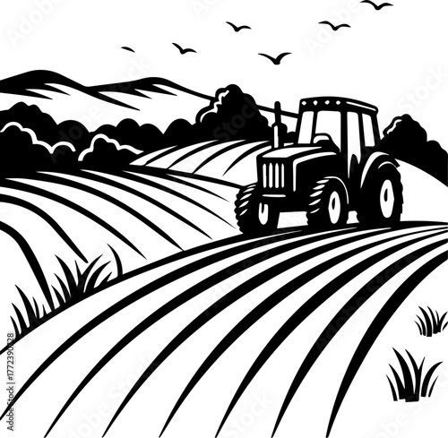 SVG vector illustration of a tractor silhouette working in a rice field.Tractor Plowing Field with Scenic Landscape View