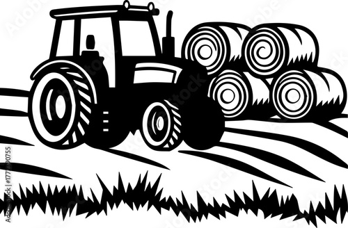 SVG vector illustration of a tractor silhouette working in a rice field.Tractor and Cow in Agricultural Landscape Scene