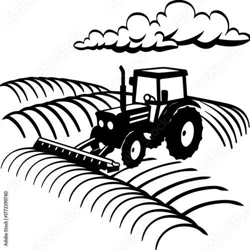 SVG vector illustration of a tractor silhouette working in a rice field.Tractor on Farm Field with Freshly Plowed Rows