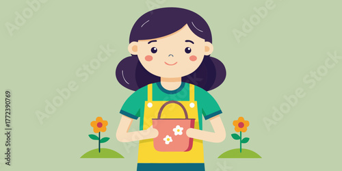 Girl holding a handmade reusable bag and standing near flowers  