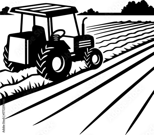 SVG vector illustration of a tractor silhouette working in a rice field.Black and White Tractor Farming Landscape Illustration