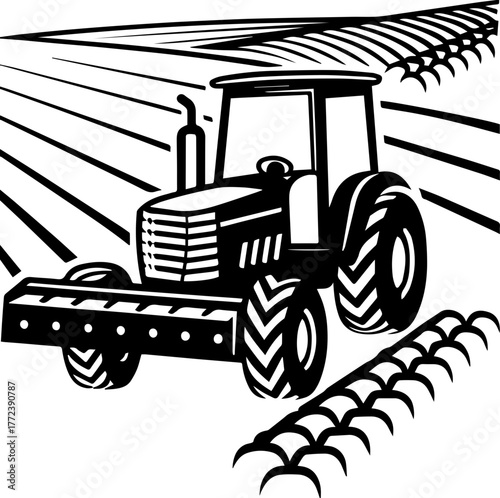 SVG vector illustration of a tractor silhouette working in a rice field.Vintage Tractor Near Barn on Farm Landscape