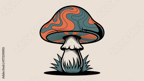 Psychedelic mushroom with swirling patterns and grass