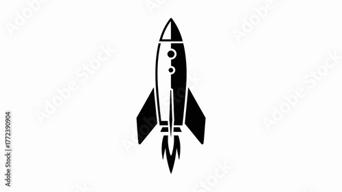 Stylized black rocket ship launching with flames