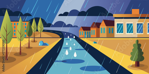 Rainwater draining from buildings into river during rainy weather  