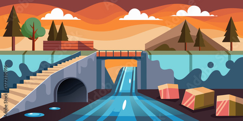 Polluted storm drain with flowing water and nearby landscape features  