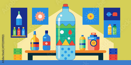 Colorful plastic bottle art project displayed on table with decorations  