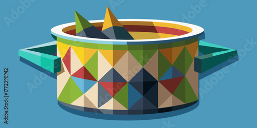 Colorful geometric pot with lid on blue background  