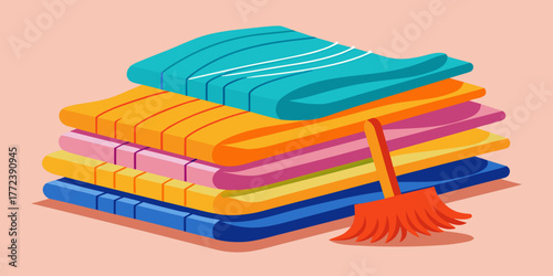 Stacked colorful reusable mop cloths with cleaning brush on background  