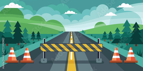 Road closed due to low visibility with construction barriers and trees  