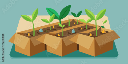 Cardboard seed starters with growing plants in a garden setting  