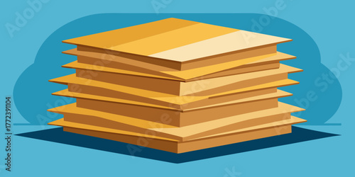 Stack of flattened cardboard boxes for reuse on blue background  