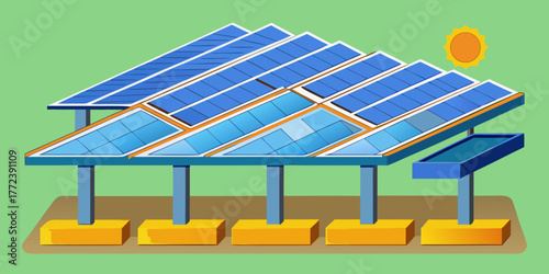 Solar panel array illustration with blue panels and sunny background  