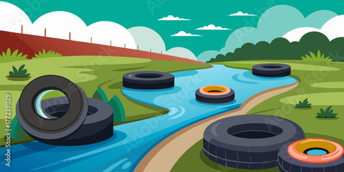 Abandoned tires dumped in river beside green grassy landscape  