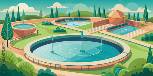 Water retention pond in a landscaped environment with trees and sky  