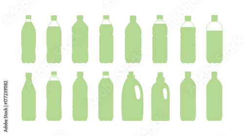 Vector Set of Plastic Bottle green Silhouette on White Background