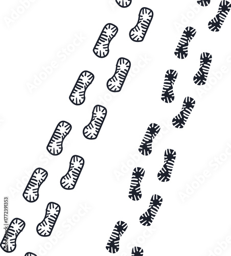 Cartoonish different footprints of boots, shoes or other footwear.