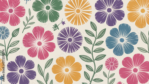 Colorful retro floral pattern with stems and leaves