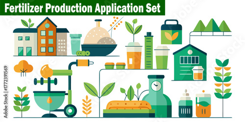 Fertilizer Production Application Set Vector Illustration with Building Factory, Bowl, Liquid, Tree, Mountains, and Various Containers with Industry Elements in Minimalist Style.