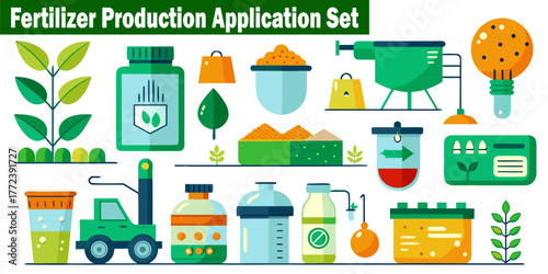 Fertilizer Production Application Set. Agriculture Plant Cultivation Tools. Equipment Elements Vector Graphic Design for Web Print Creative Projects.