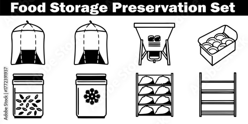 Food Storage Preservation Set Vector Line Art Illustration. Sack Container Seeds, Dryer Rack, Canned Goods Box, Vegetables Shelf, Preserving Fermentation Supplies.