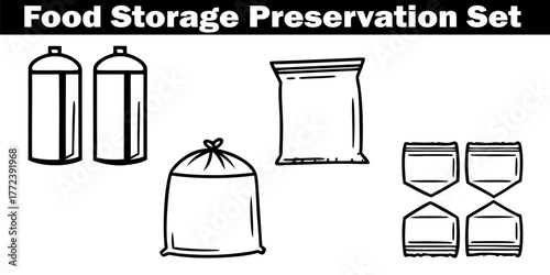 Outline Illustration Collection Food Storage Preservation Set. Container Bag Canister, Zero Waste Plastic, Free Ecological Lifestyle, Reduce Garbage Kitchen.