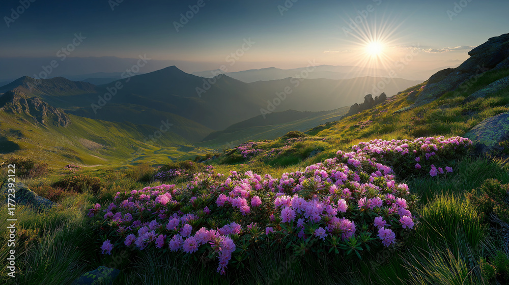 Obraz premium Majestic mountain vista at sunrise with a foreground of purple rhododendrons