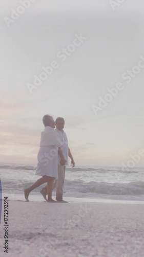 Animation of flag of france over senior couple walking at beach