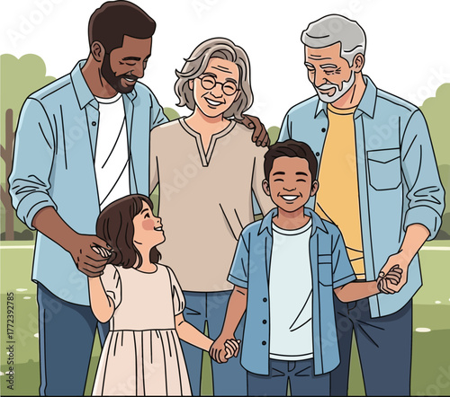 Joyful multi-generational family portrait illustrating love and togetherness, featuring diverse members smiling and holding hands outdoors in a natural park setting with warm, affectionate bonds